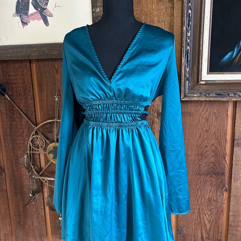 Teal Jewel Satin Smocked Waist Babydoll Mini Dress Romantic Fairycore V Neck M